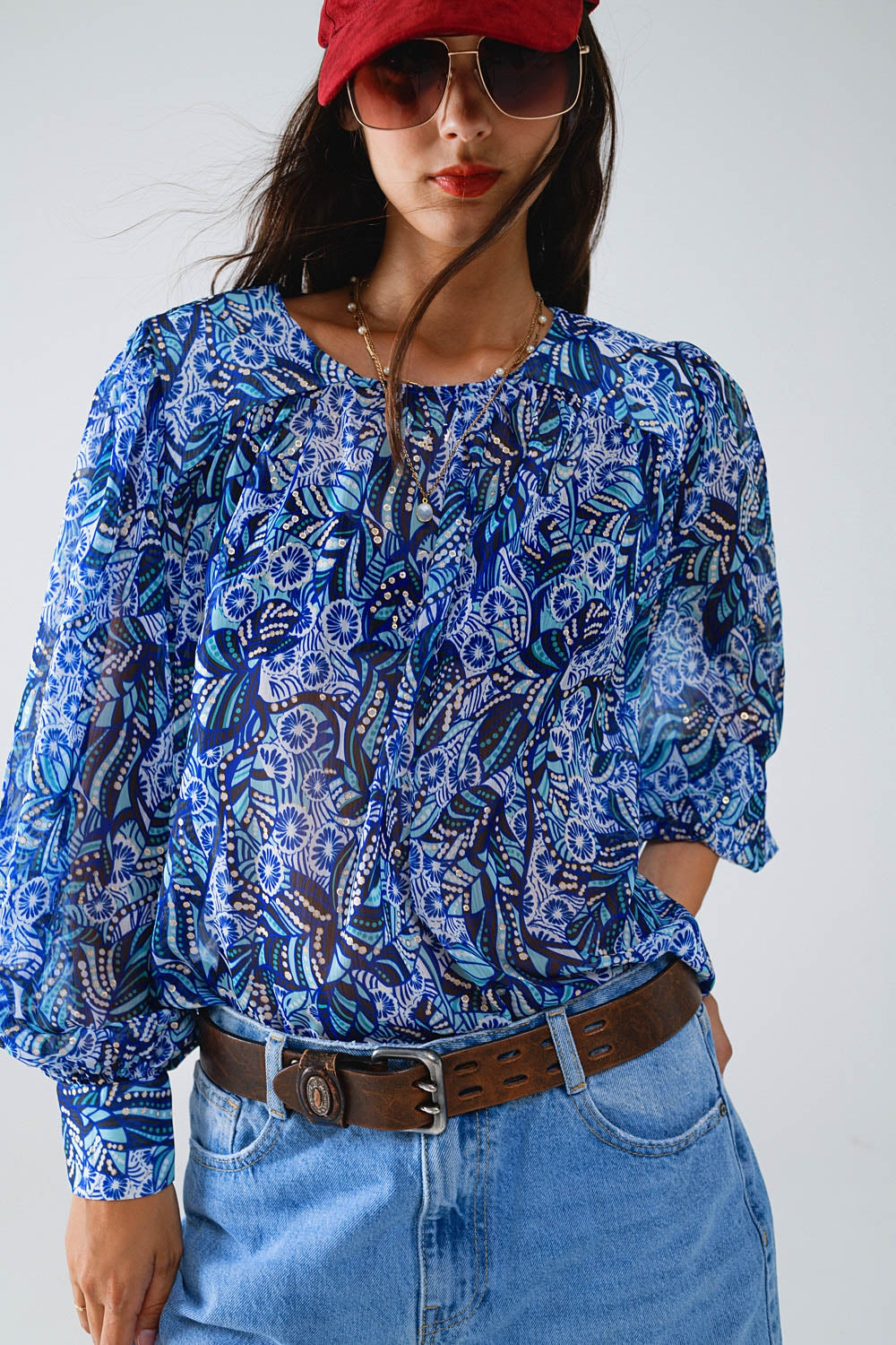 Abstract Print Blouse With Balloon Sleeves in Blue - Blouses
