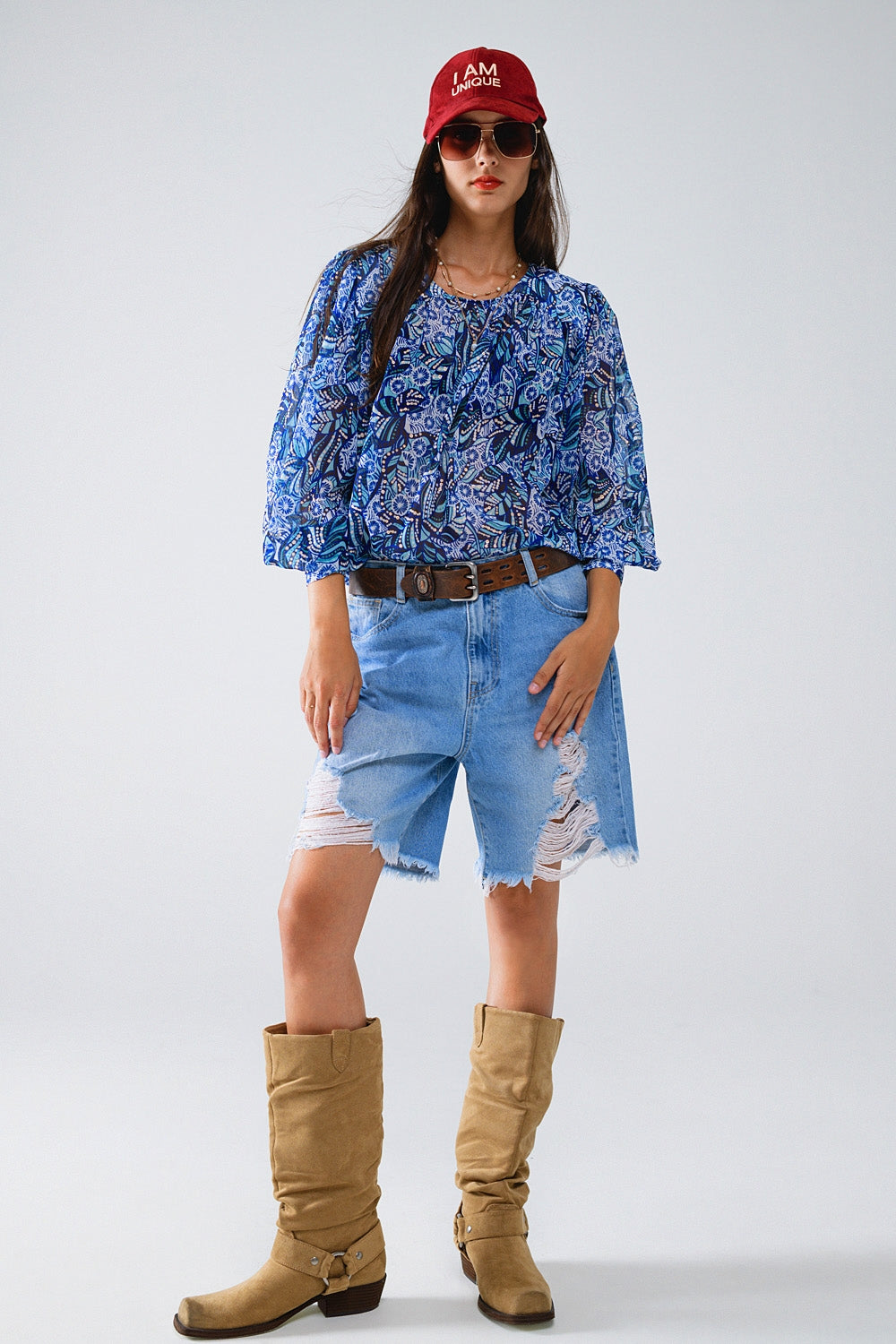 Abstract Print Blouse With Balloon Sleeves in Blue - Blouses