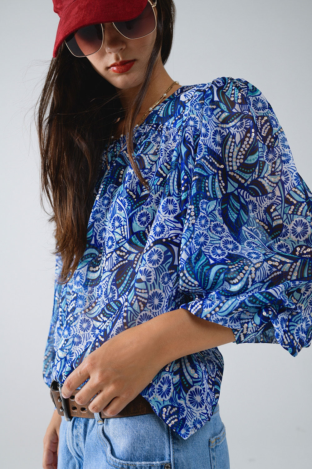 Abstract Print Blouse With Balloon Sleeves in Blue - Blouses