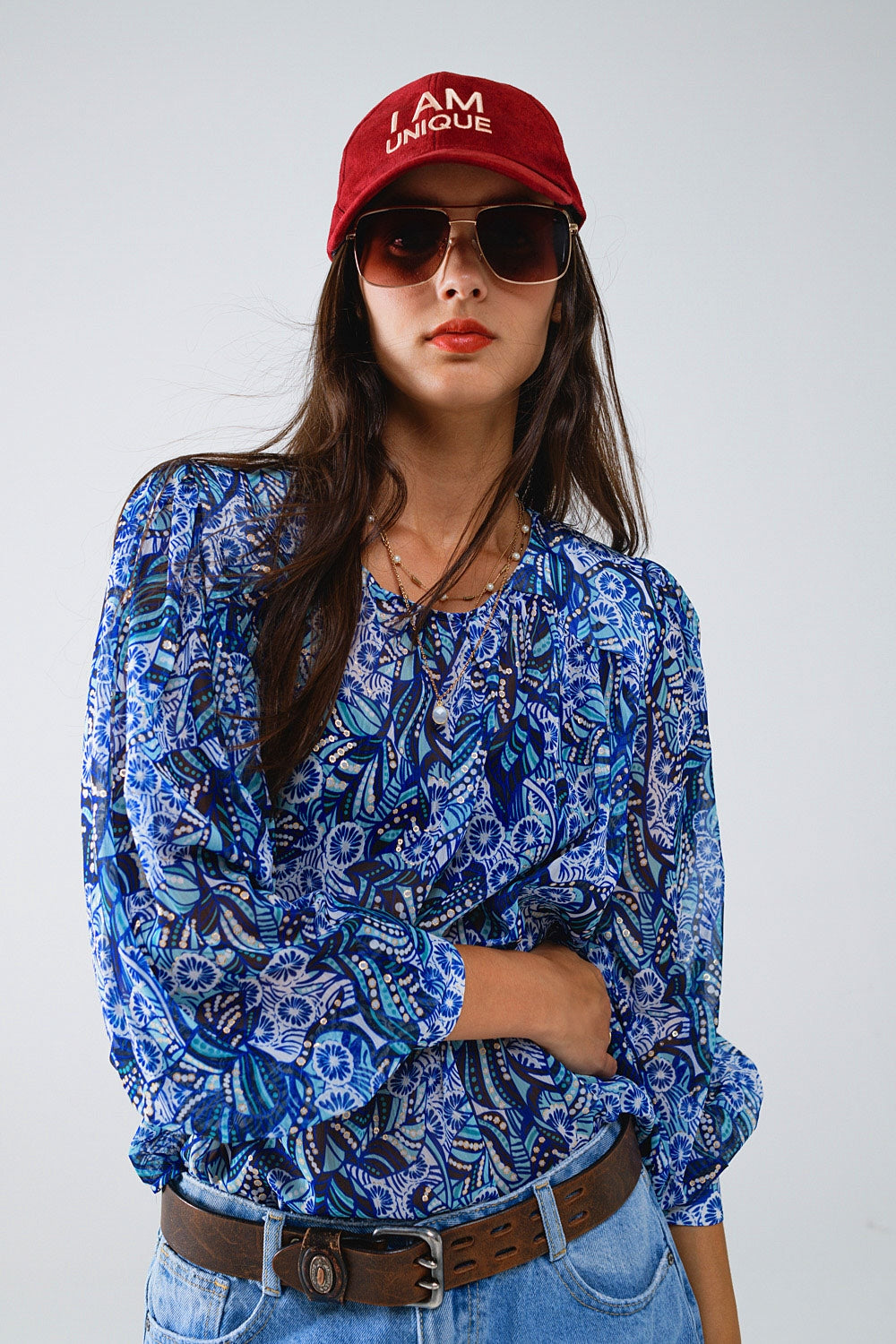Abstract Print Blouse With Balloon Sleeves in Blue - Blouses