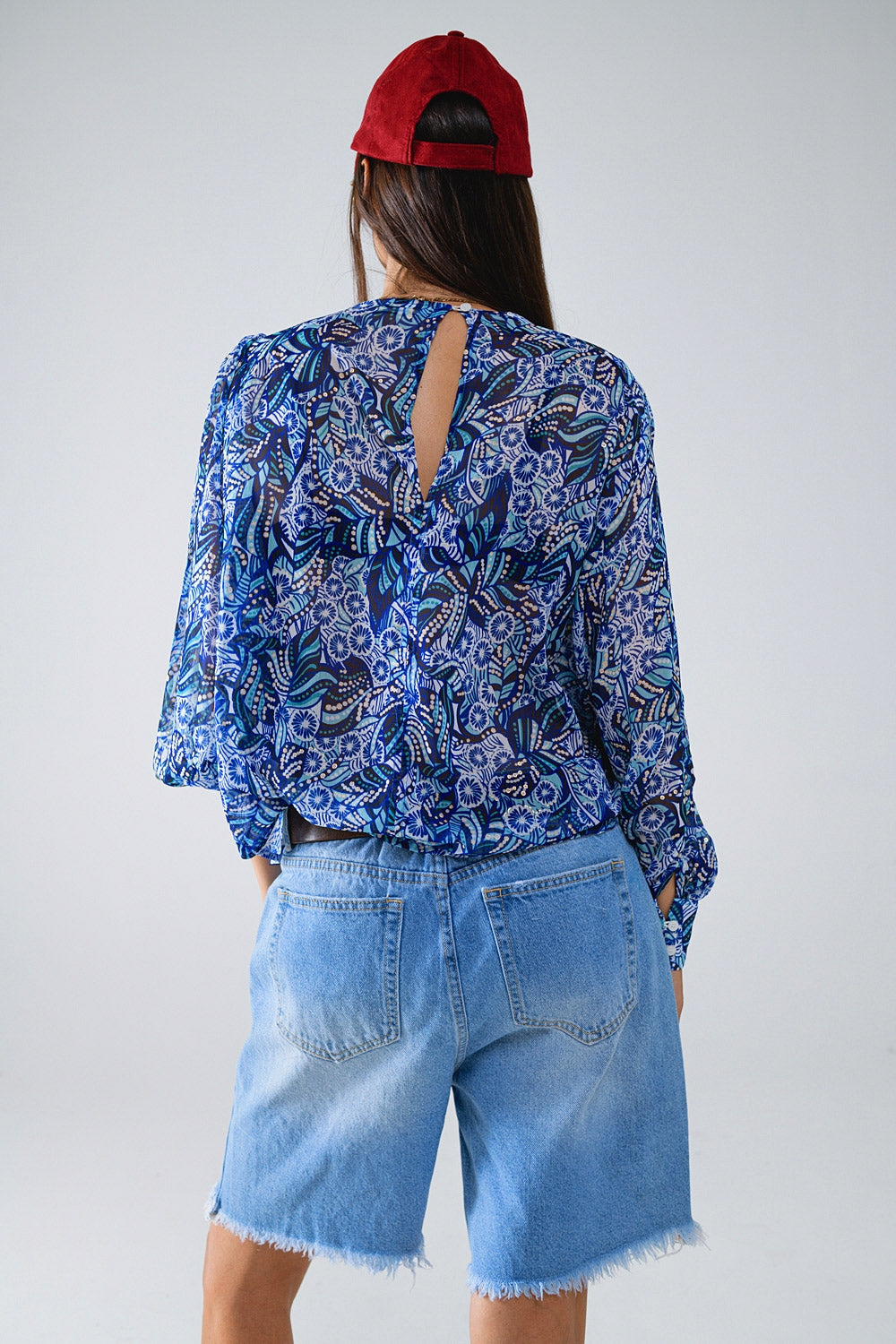 Abstract Print Blouse With Balloon Sleeves in Blue - Blouses