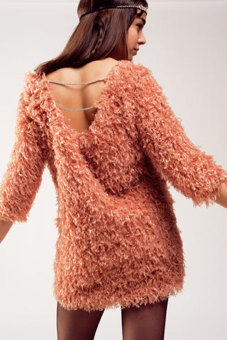 Mini-robe à manches trois-quarts en fausses plumes en rose
