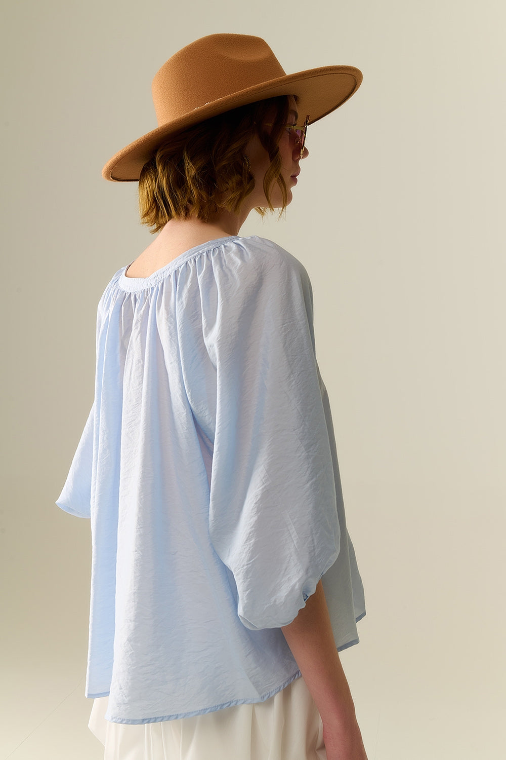 Baby Blue chiffon Top With Puffed Sleeves - Tops