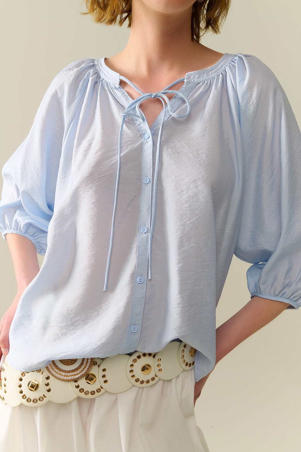 Baby Blue chiffon Top With Puffed Sleeves - Tops