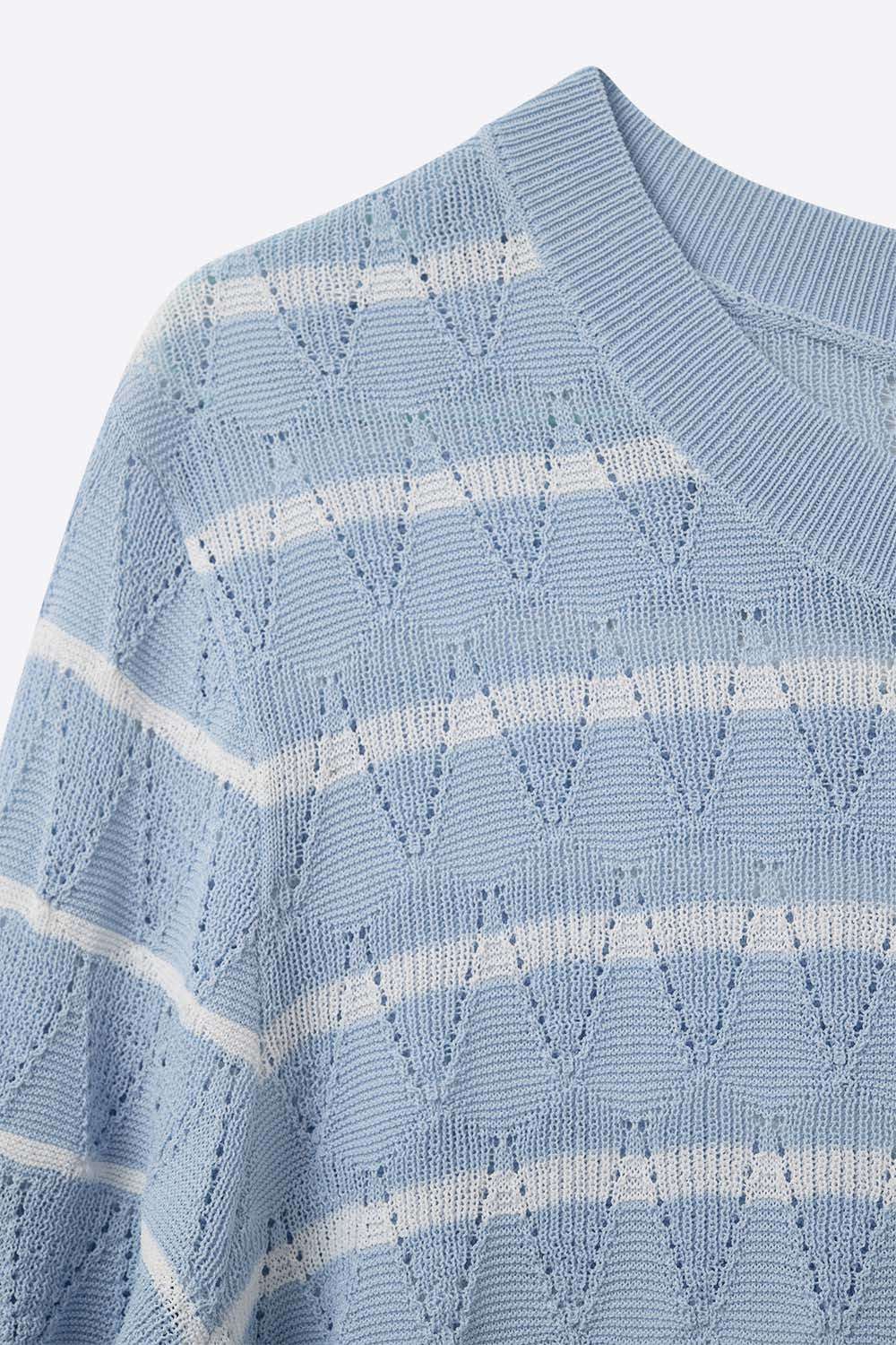 baby Blue Openwork Knit Top with Short Sleeves and White Stripes - T-Shirts