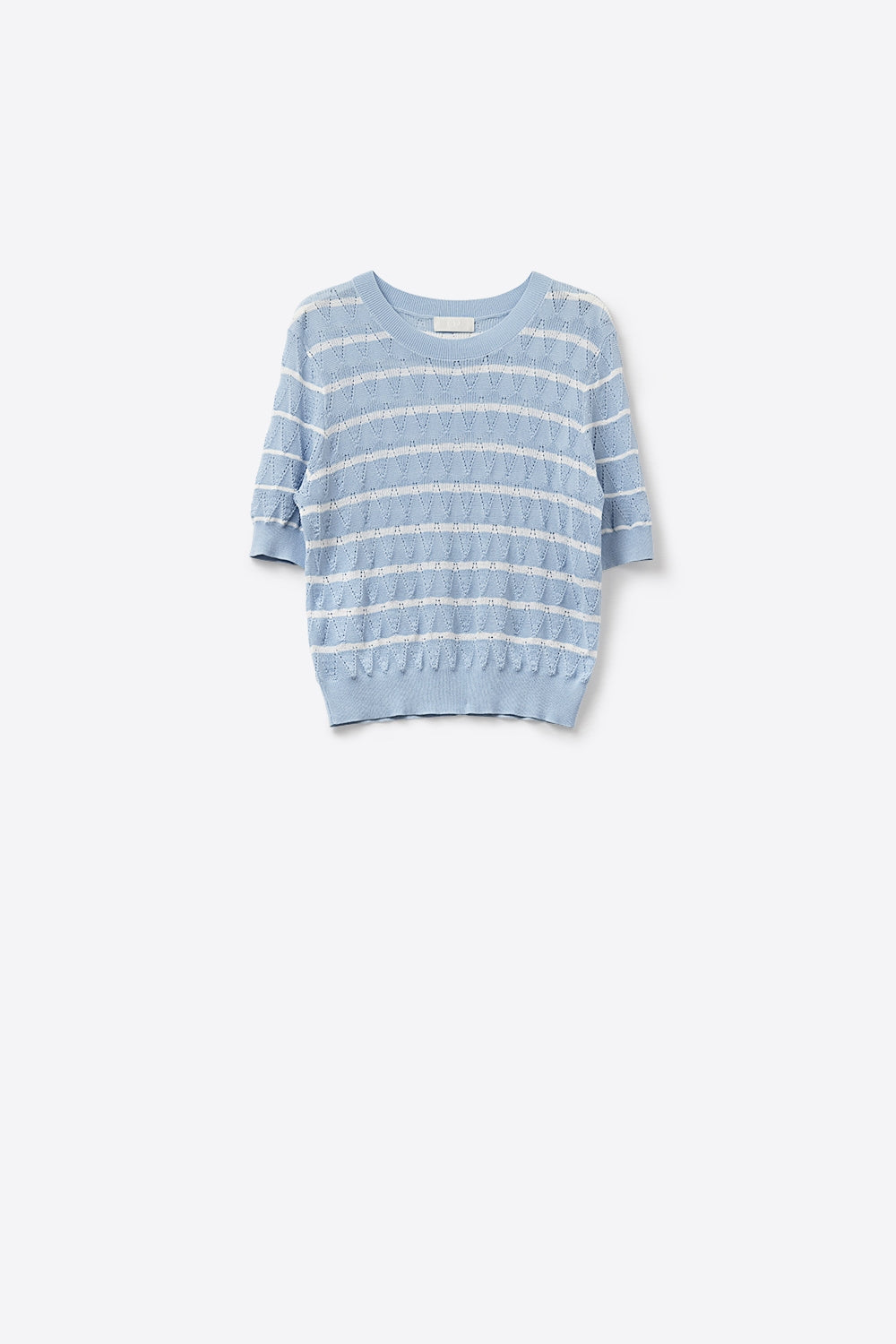 baby Blue Openwork Knit Top with Short Sleeves and White Stripes - T-Shirts