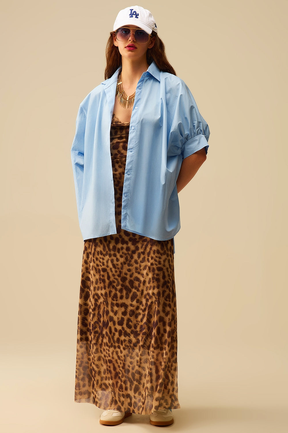 Baby Blue oversized blouse with short sleeve - Shirts