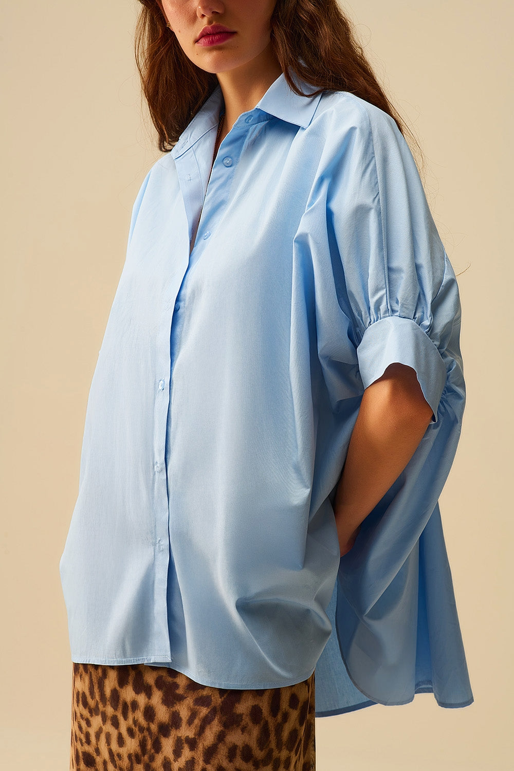 Baby Blue oversized blouse with short sleeve - Shirts