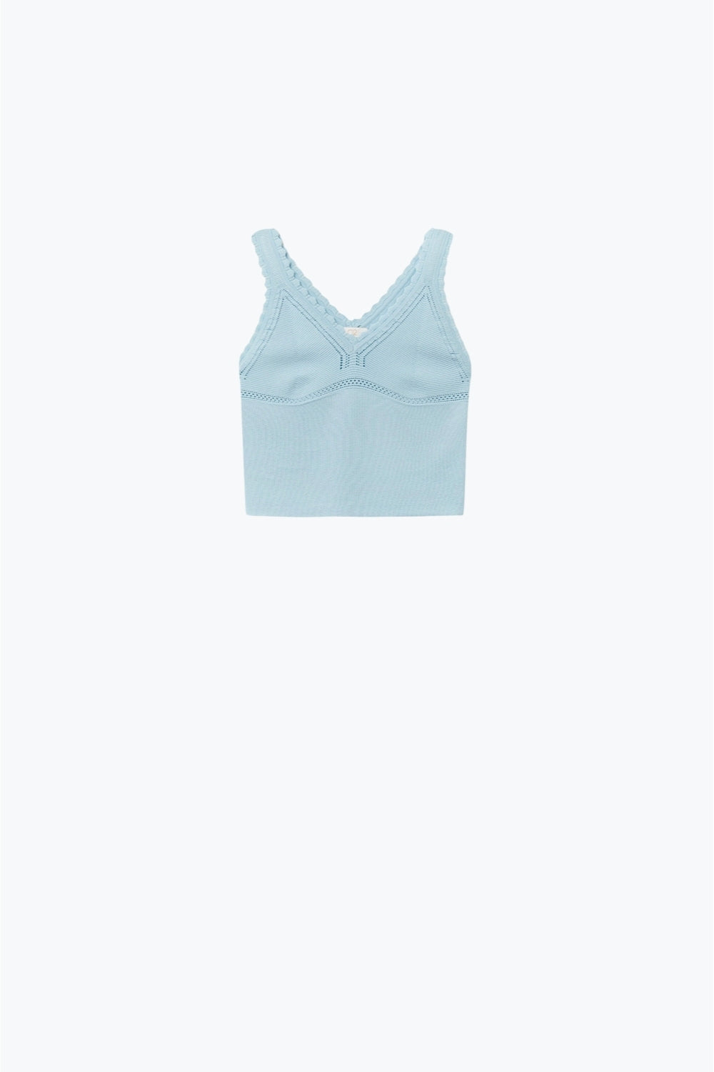 Baby Blue Ribbed Knit Top with Scalloped V-Neck - Tops