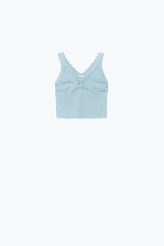 Baby Blue Ribbed Knit Top with Scalloped V-Neck