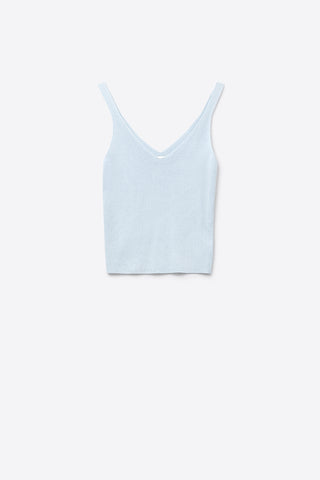 Baby Blue ribbed knit top with V-neck and spaghetti straps