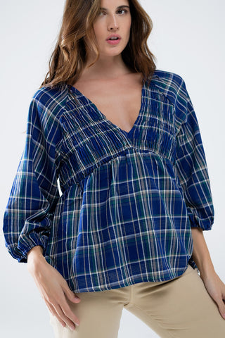 Chemise à carreaux Babydoll en bleu et vert