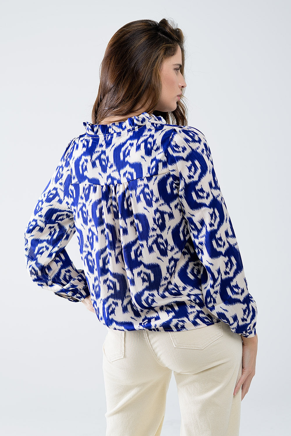 Balloon Sleeve Abstract Print Blouse in Navy and White - Blouses