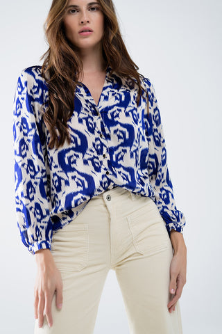 Balloon Sleeve Abstract Print Blouse in Navy and White