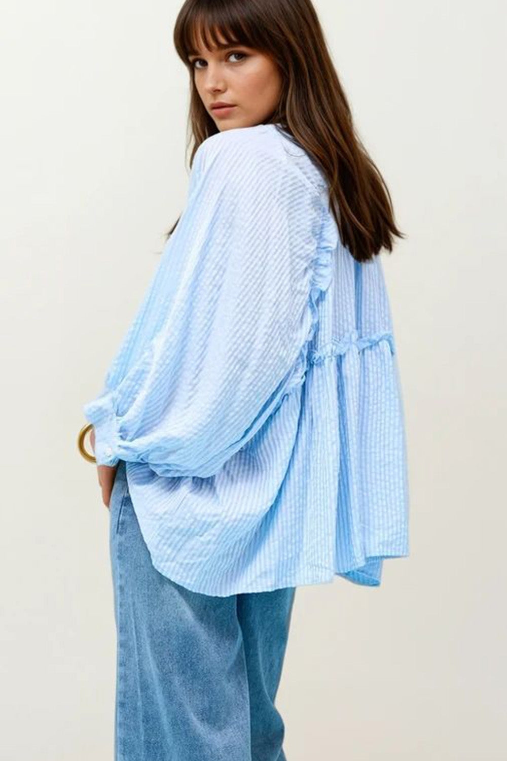 Balloon-Sleeve Striped Blouse in baby Blue - Blouses