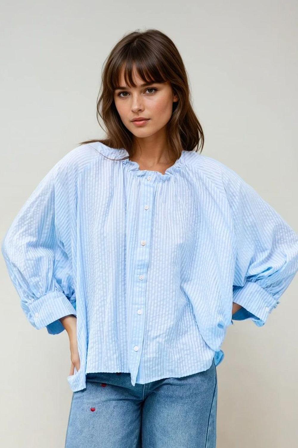 Balloon-Sleeve Striped Blouse in baby Blue - Blouses