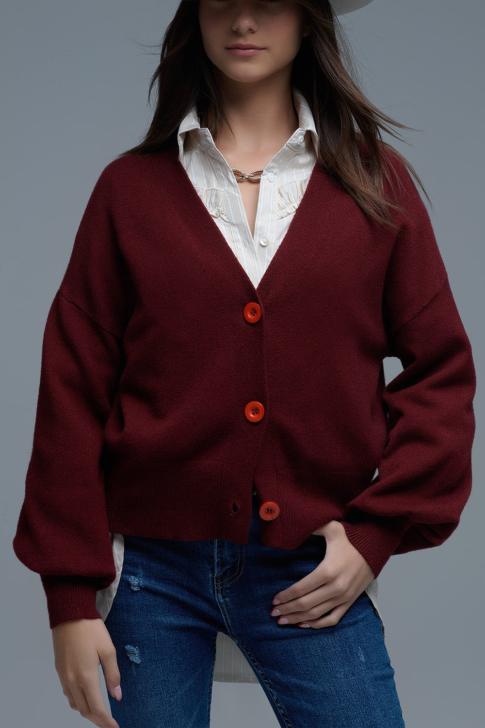 Basic V-neck Cardigan With Long Sleeve in burgundy - Sweaters
