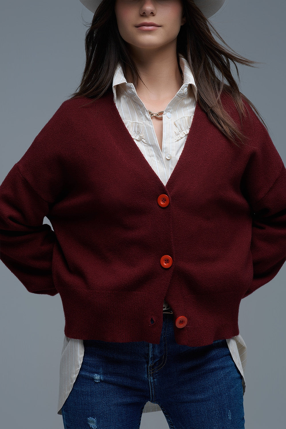 Basic V-neck Cardigan With Long Sleeve in burgundy - Sweaters