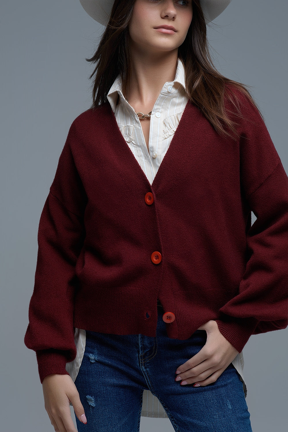 Basic V-neck Cardigan With Long Sleeve in burgundy - Sweaters