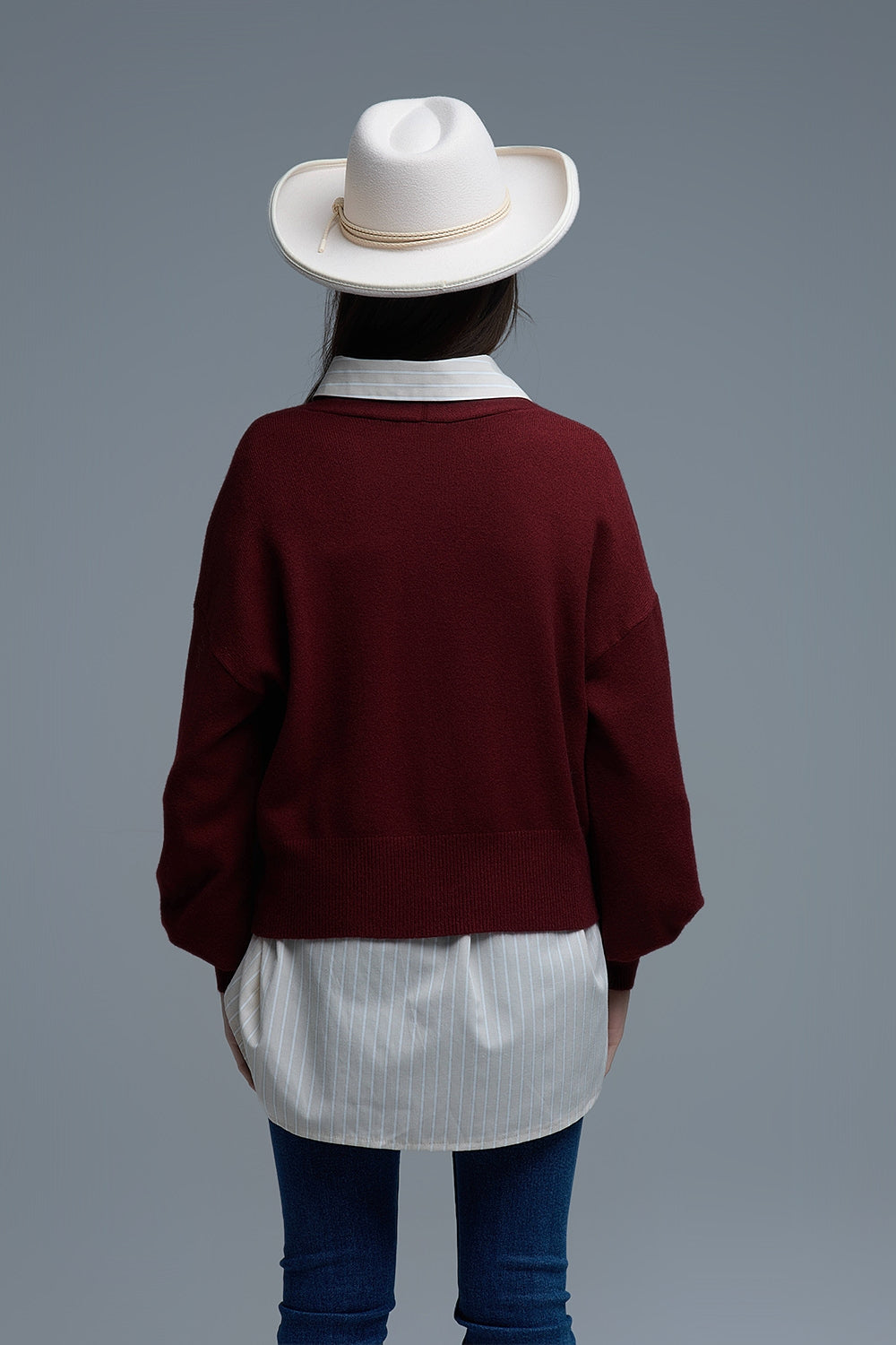 Basic V-neck Cardigan With Long Sleeve in burgundy - Sweaters