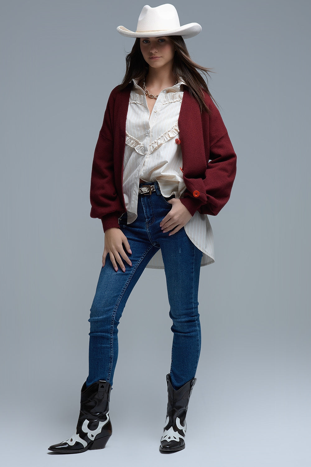 Basic V-neck Cardigan With Long Sleeve in burgundy - Sweaters