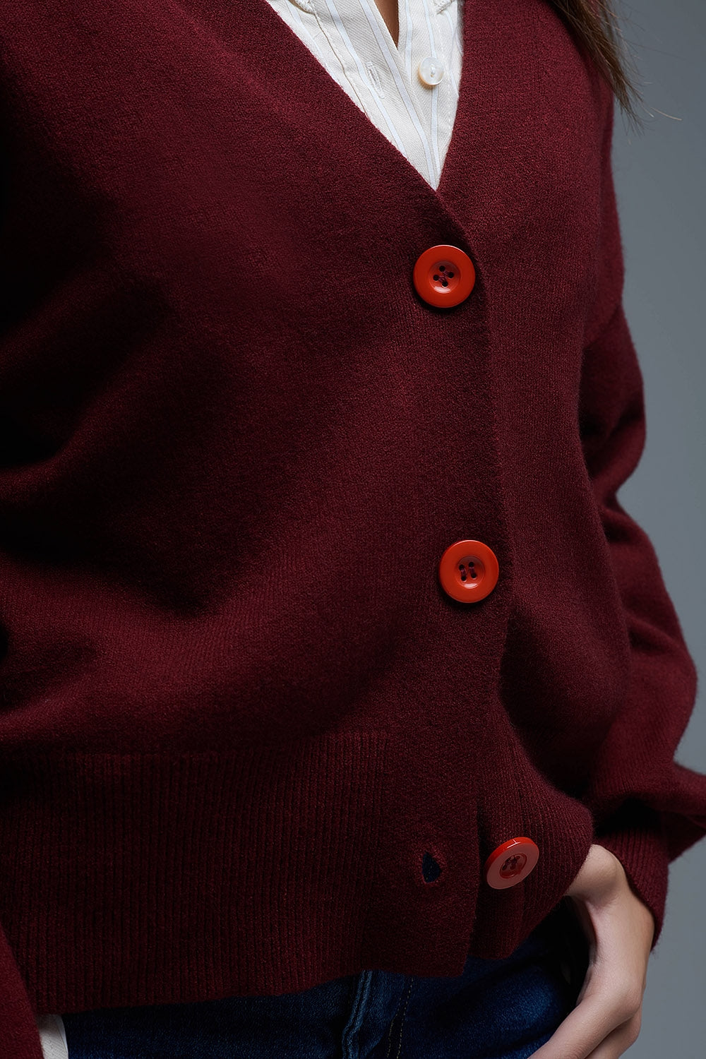 Basic V-neck Cardigan With Long Sleeve in burgundy - Sweaters