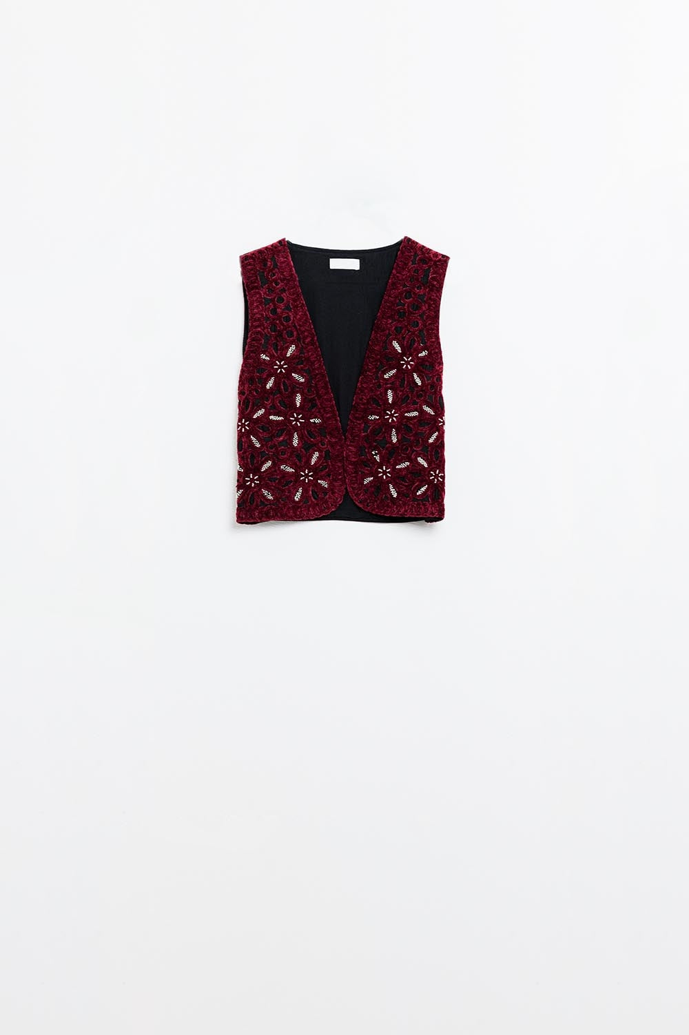 Beaded Embroidery Velvet Short Vest in burgundy - Vests