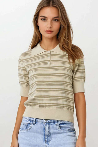 Beige and camel Striped Sweater With Polo Neck