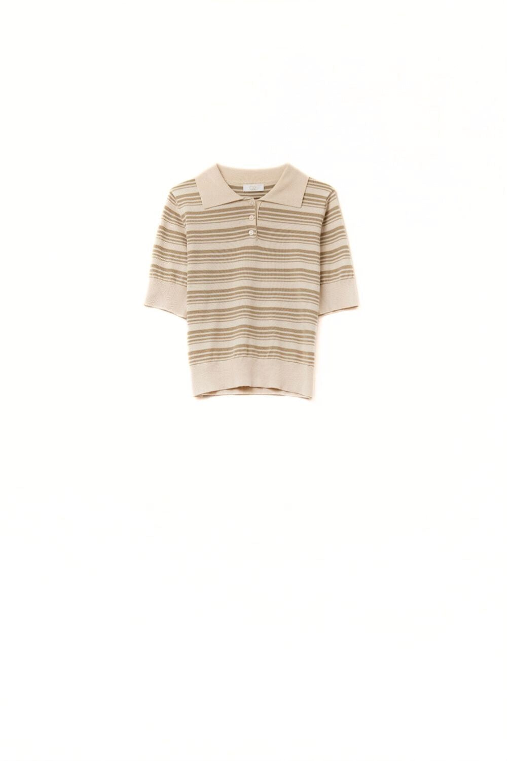 Beige and camel Striped Sweater With Polo Neck - Polos