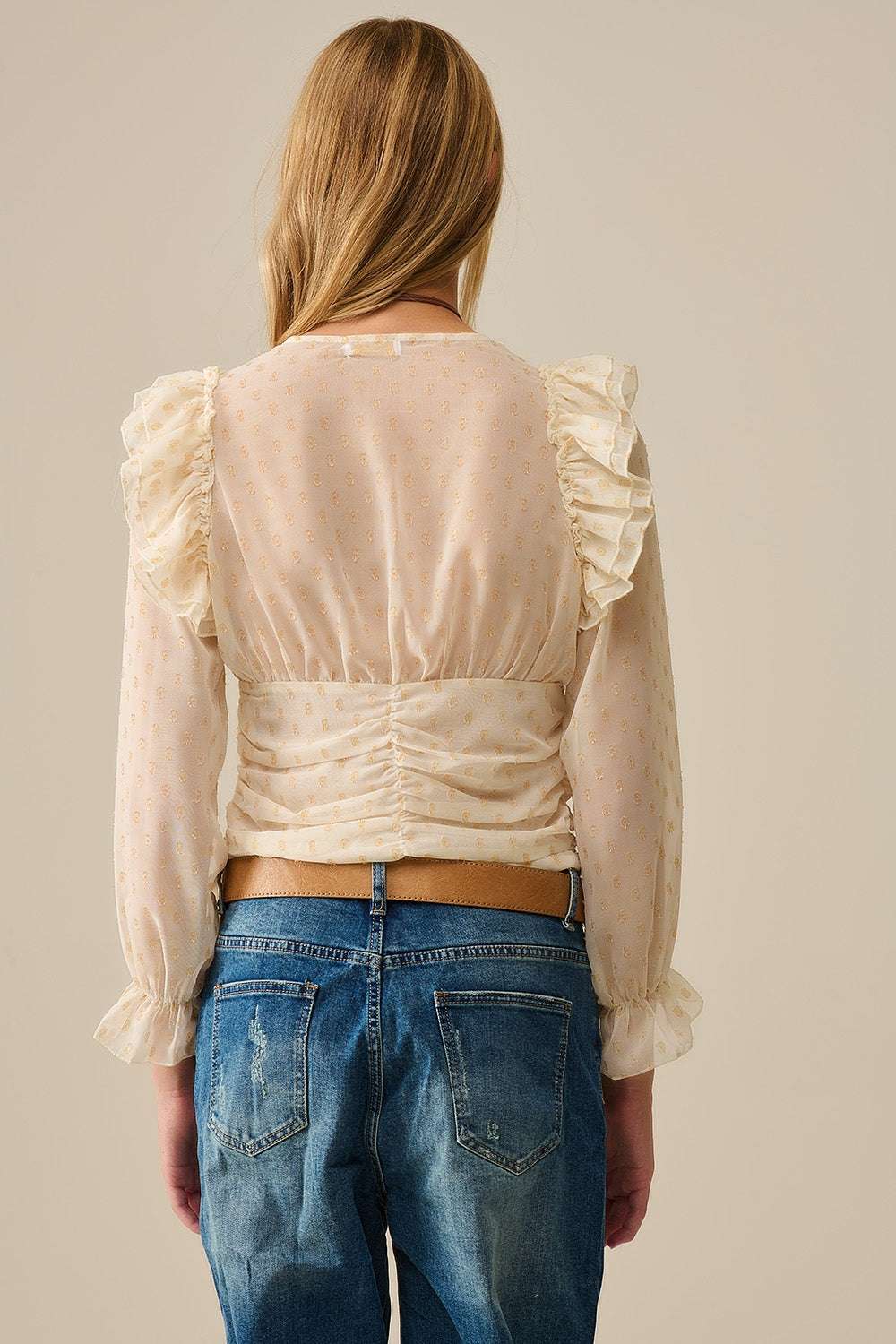 Beige Blouse with golden dots and frill details - Blouses