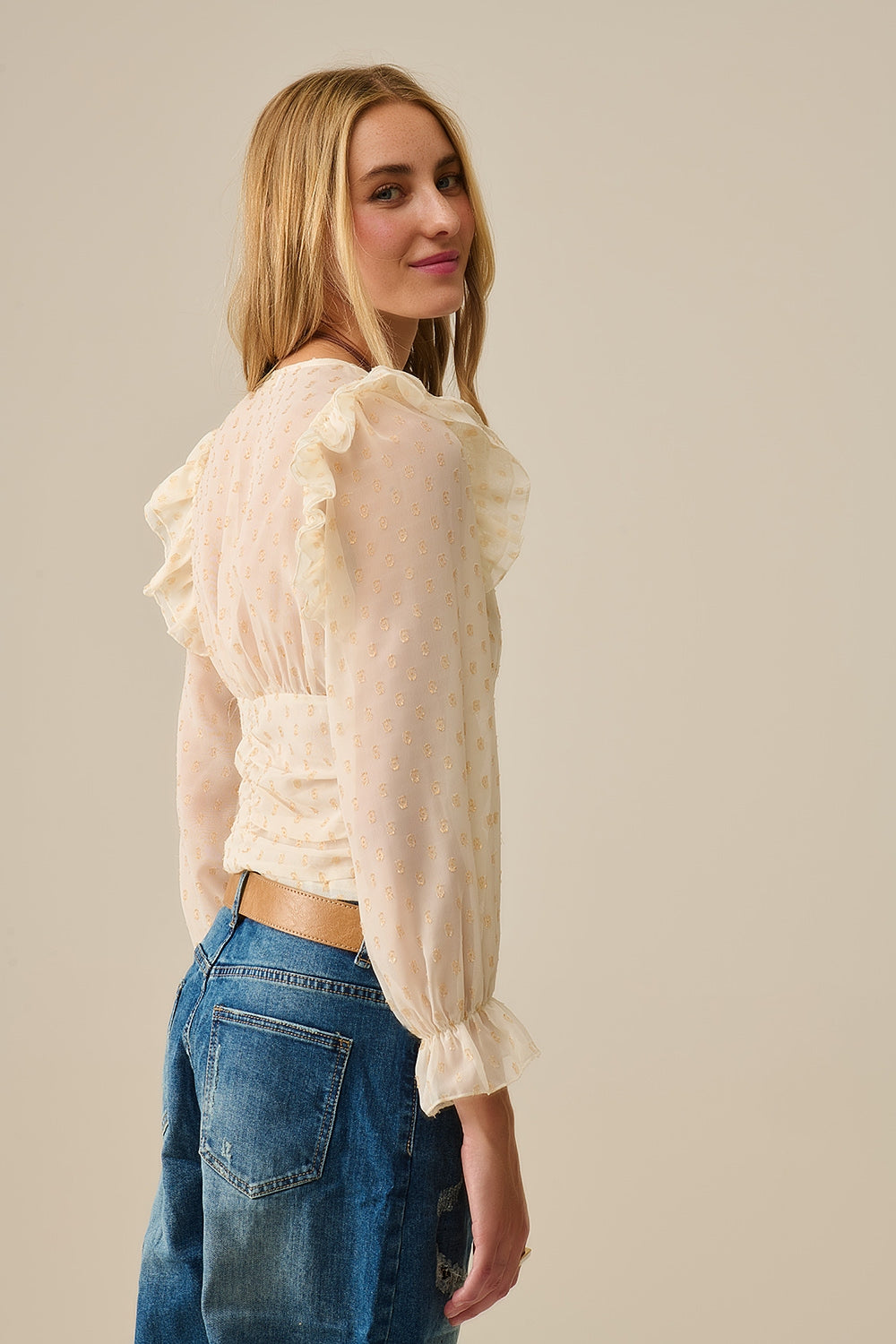 Beige Blouse with golden dots and frill details - Blouses