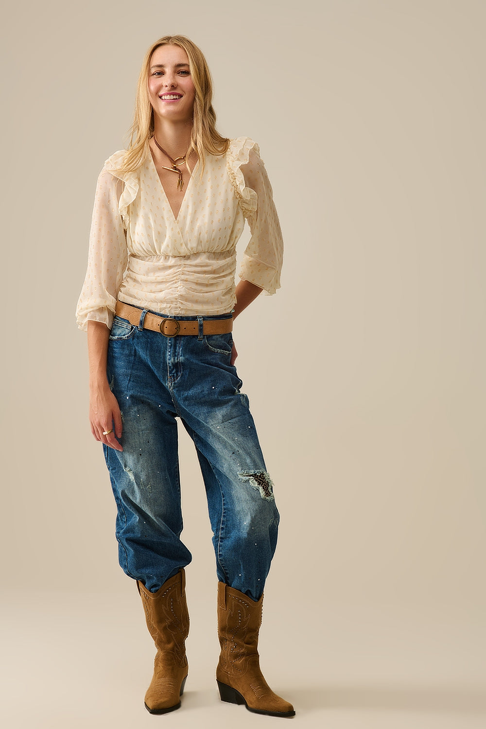 Beige Blouse with golden dots and frill details - Blouses