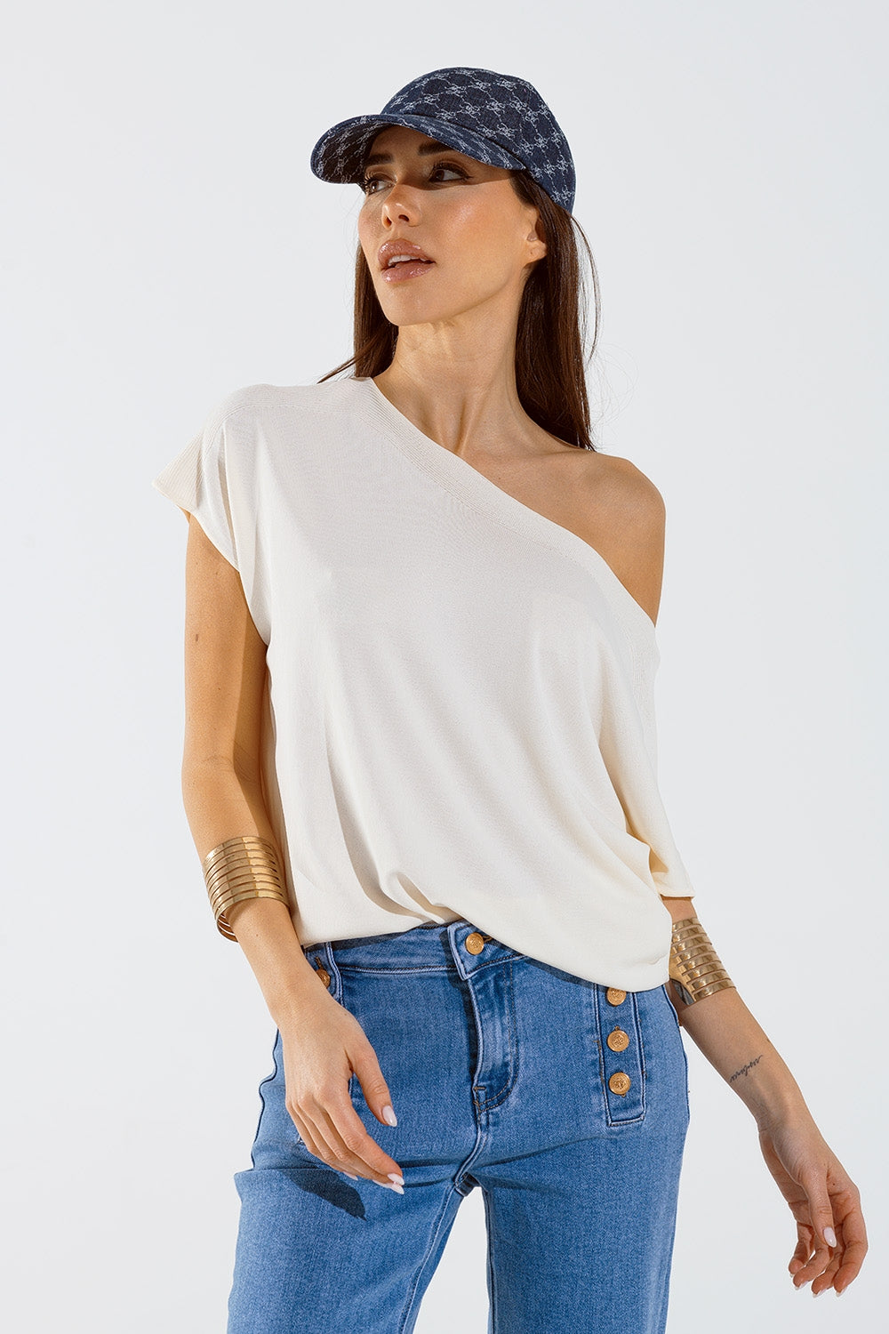 Beige boat neck relaxed sweater - T-shirts