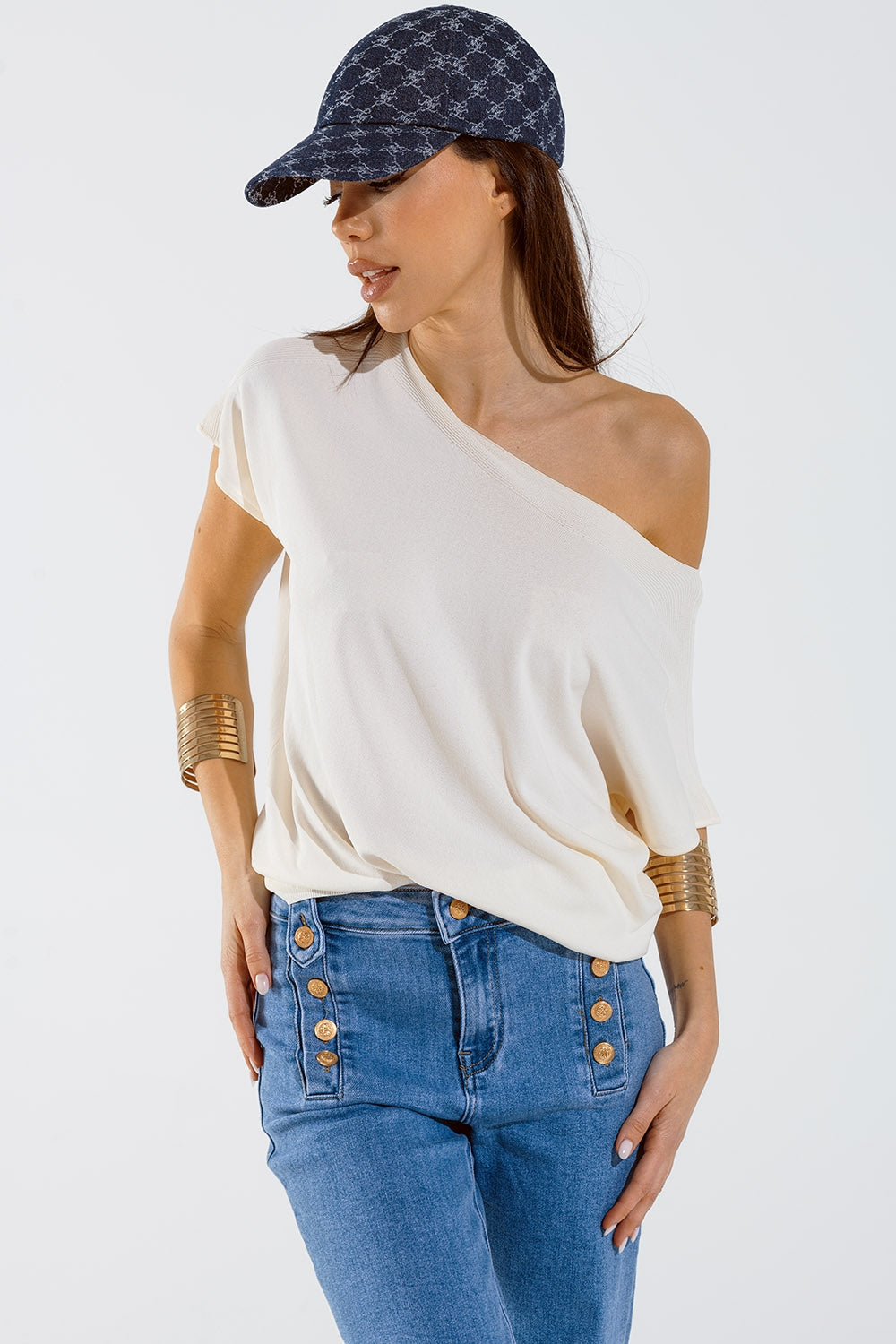 Beige boat neck relaxed sweater - T-shirts