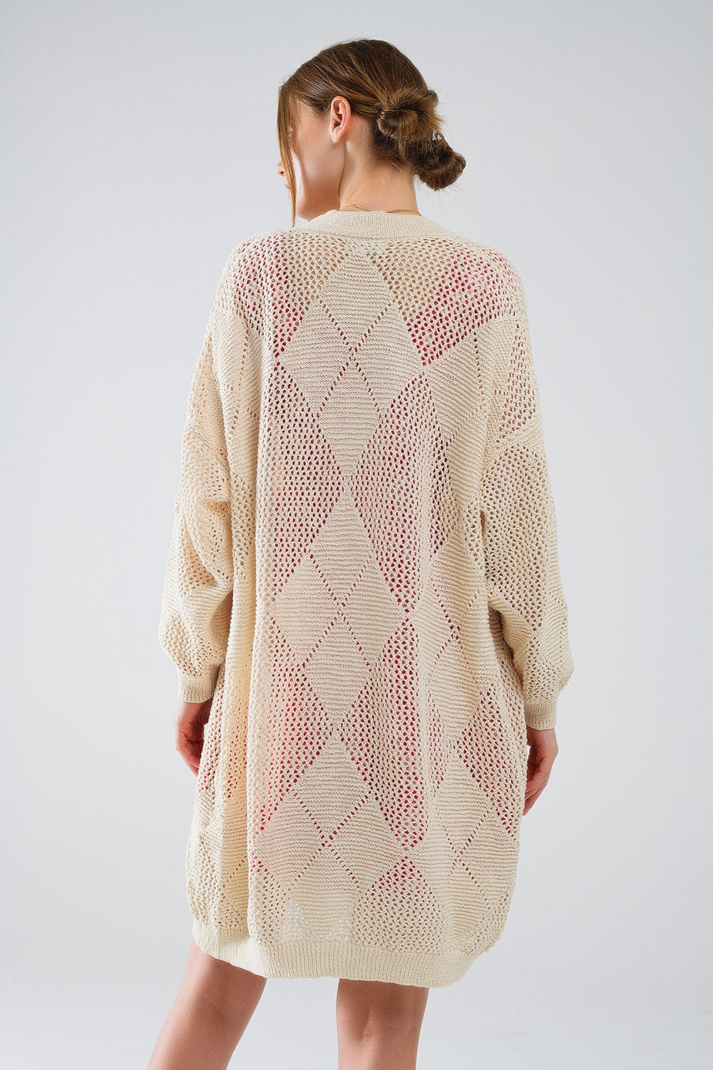 Beige Draped Cardigan With Crochet Design Q2 Sweaters BoutiqueLua