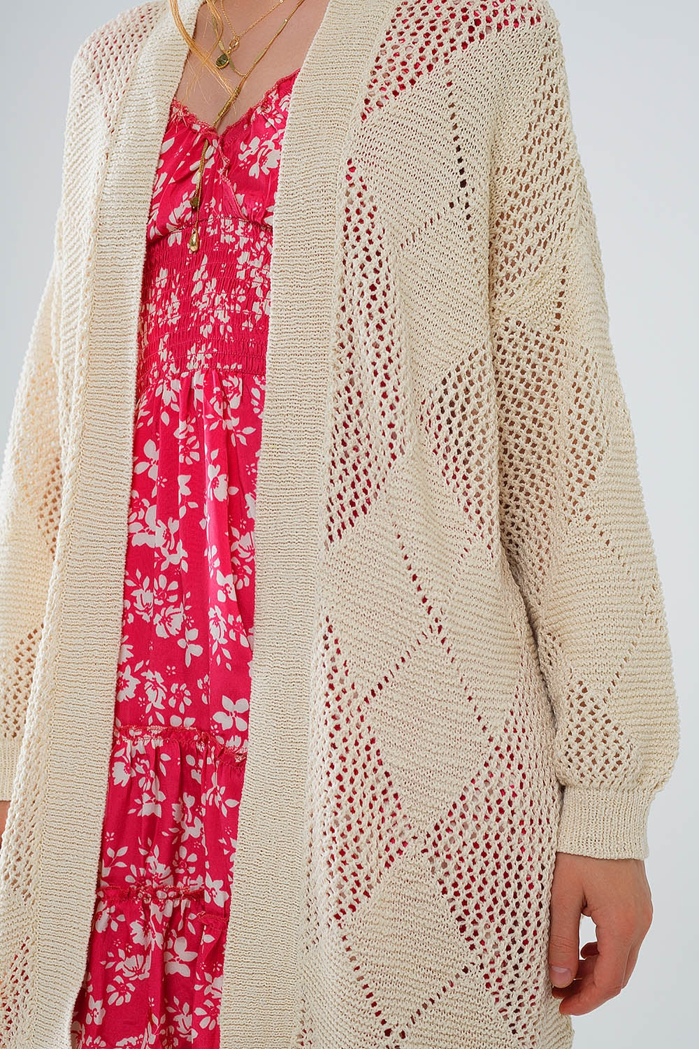 Beige Draped Cardigan With Crochet Design Q2 Sweaters BoutiqueLua