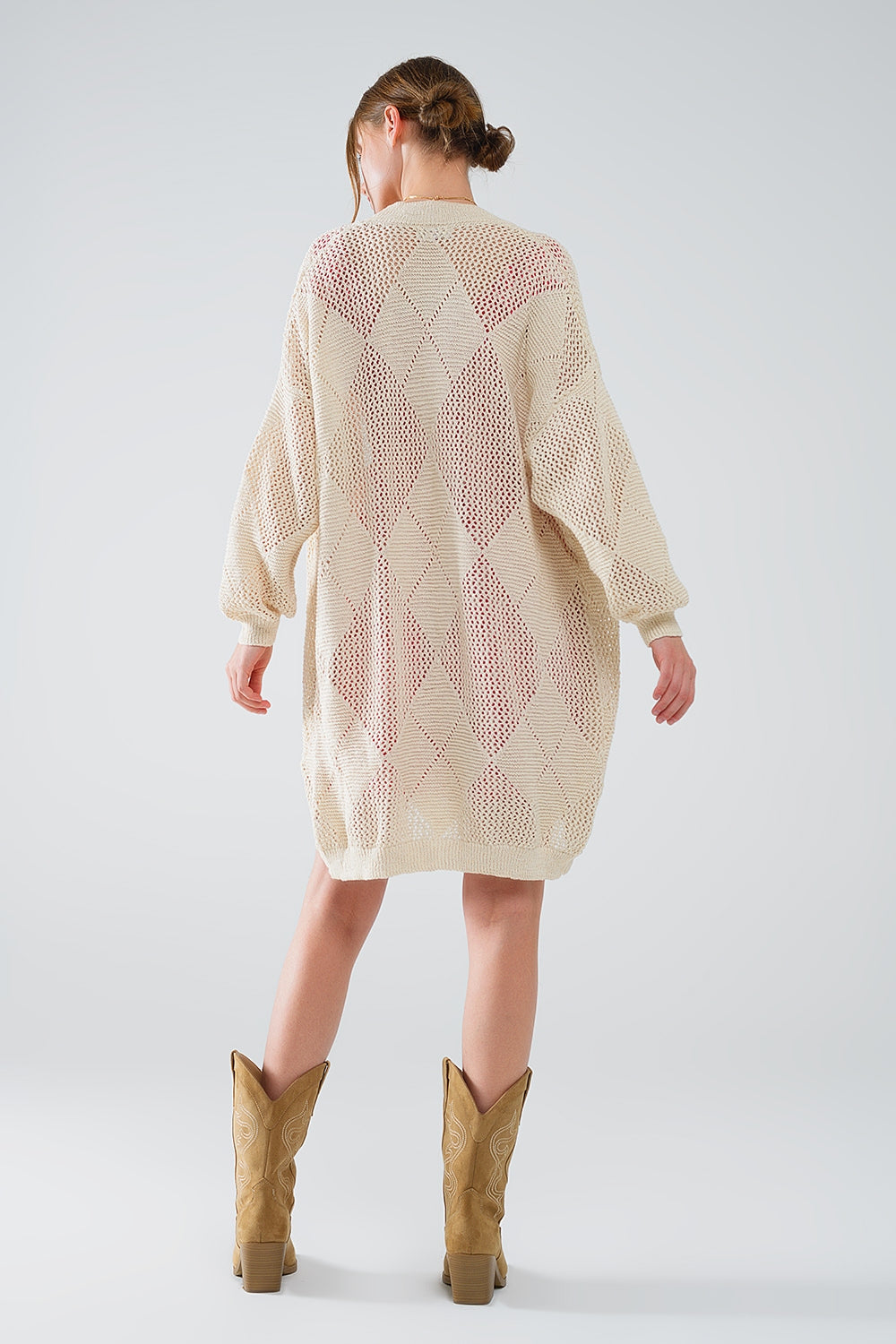 Beige Draped Cardigan With Crochet Design Q2 Sweaters BoutiqueLua