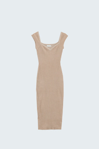Beige Midi Thick Rib Bodycon Dress With Cap Sleeves