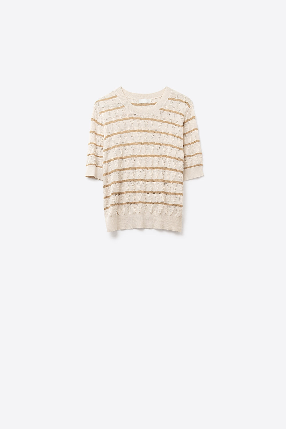 Beige Openwork Knit Top with Short Sleeves and Gold Stripes - Jumpers