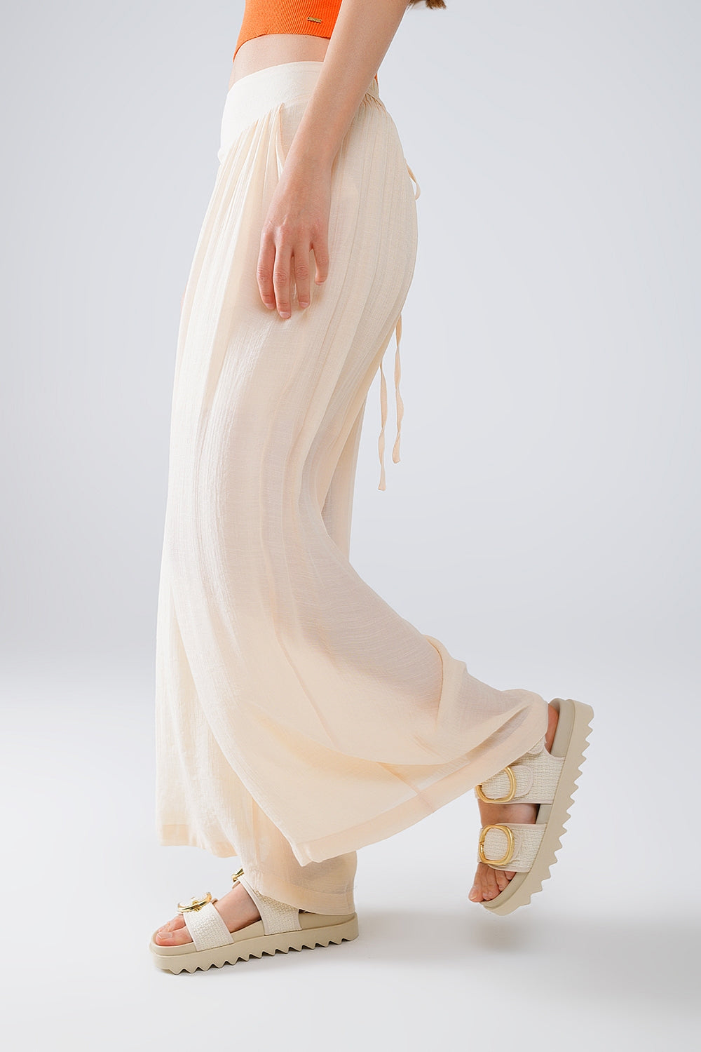 Beige Palazzo style Pants With Side Pockets And Thick Waist Band - Trousers