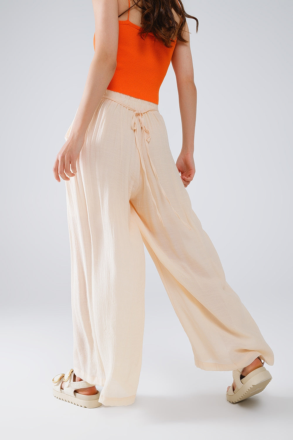 Beige Palazzo style Pants With Side Pockets And Thick Waist Band - Trousers