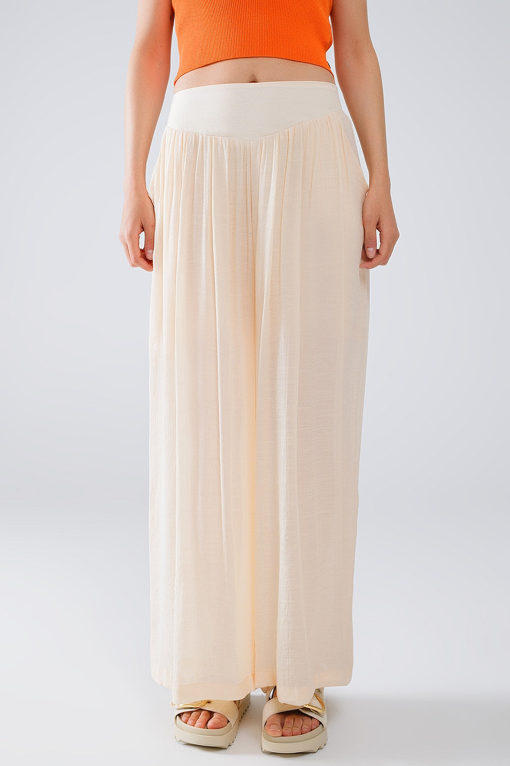 Beige Palazzo style Pants With Side Pockets And Thick Waist Band - Trousers