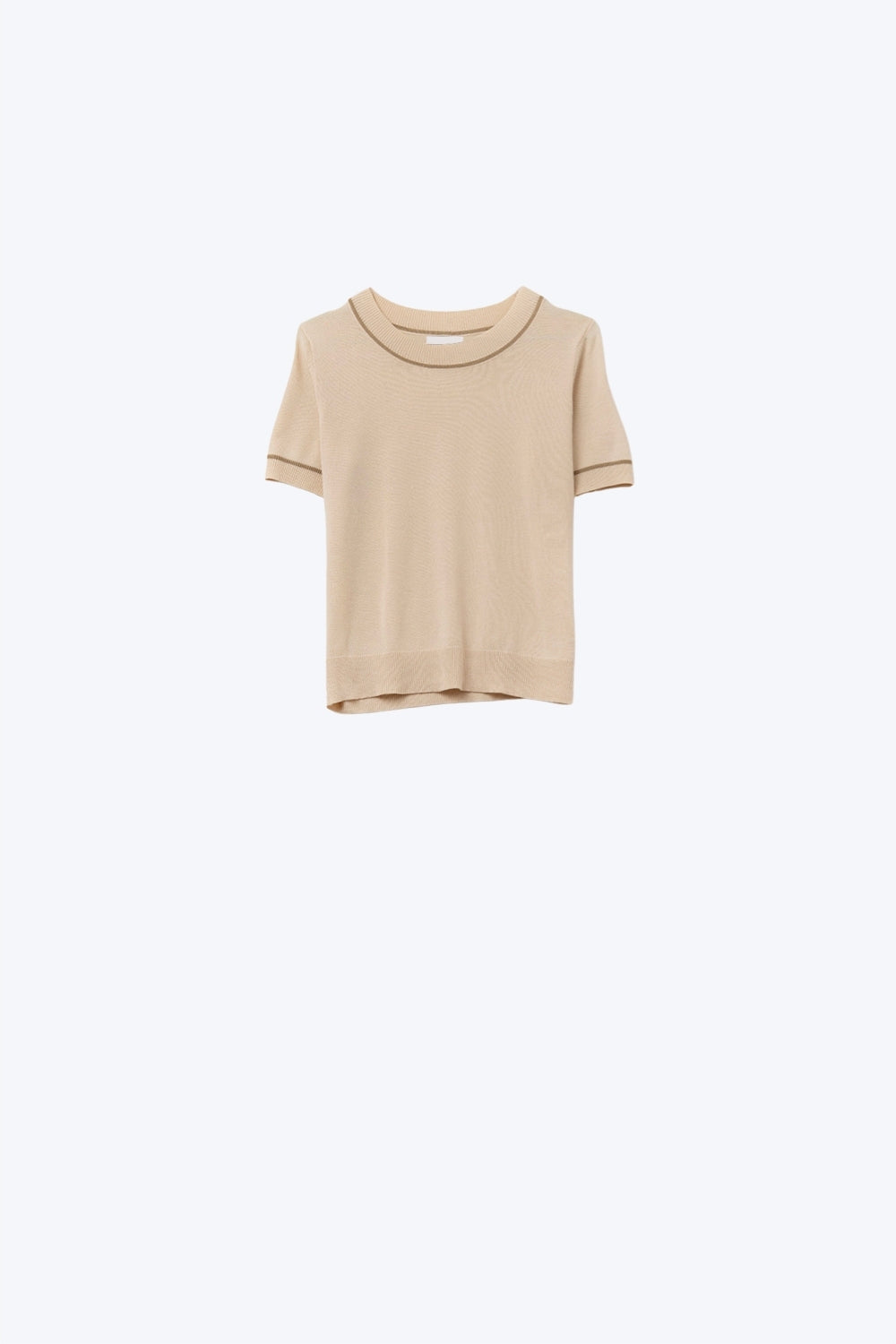 Beige Short Sleeve Knit Top with Camel Contrast Trims - Sweaters