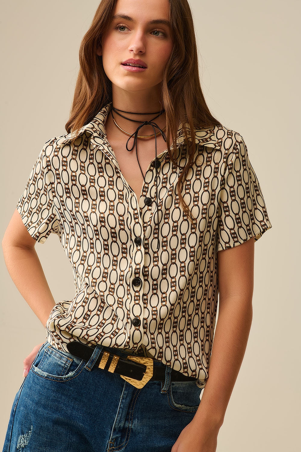 Beige Short-sleeved Chain Print Polo Shirt - Shirts