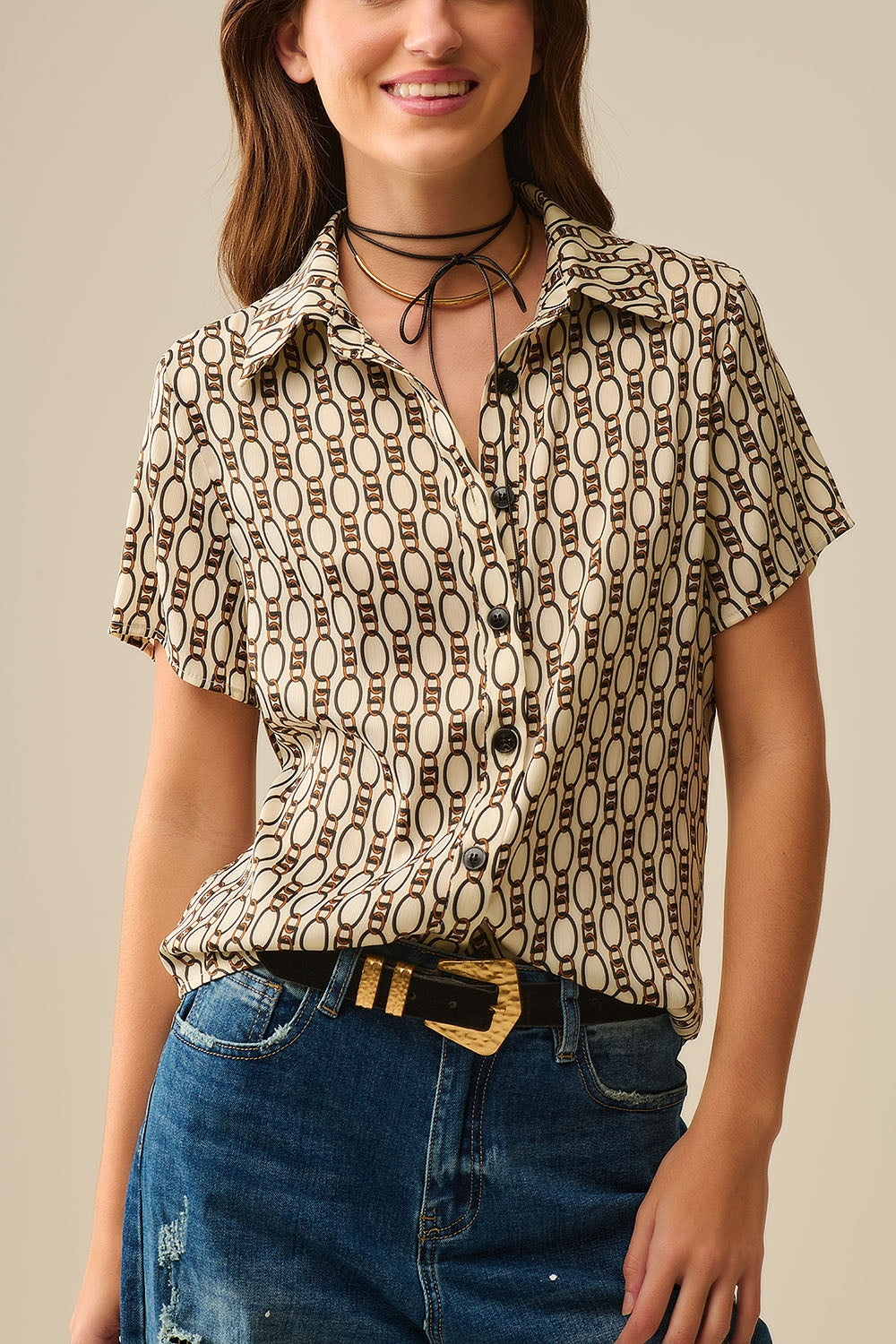 Beige Short-sleeved Chain Print Polo Shirt - Shirts