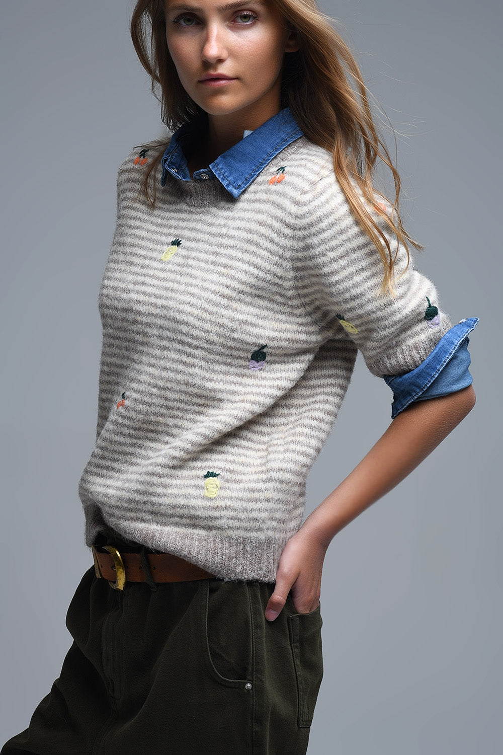 Beige Striped Short Sleeve Embroidered Sweater - Sweaters