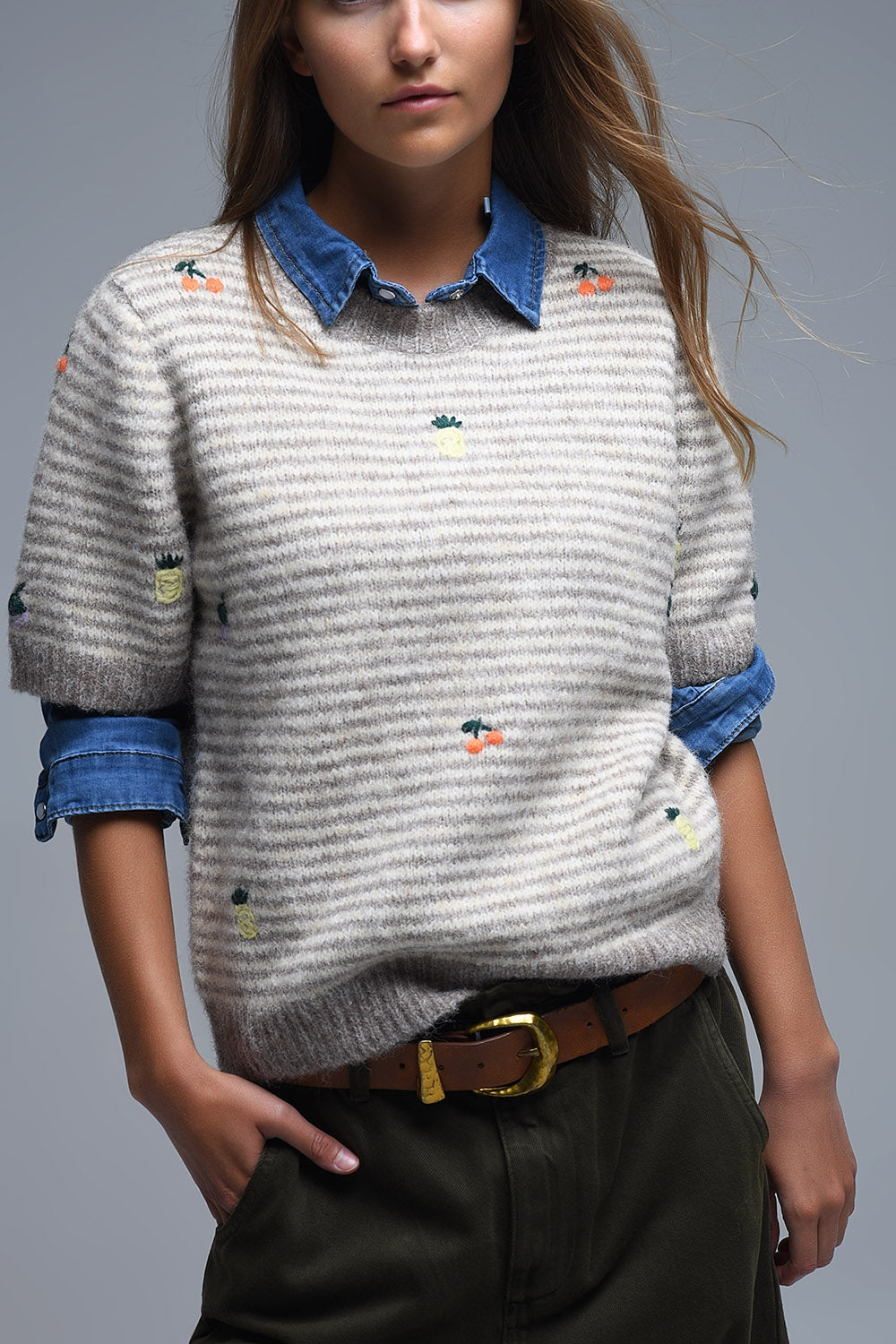Beige Striped Short Sleeve Embroidered Sweater - Sweaters