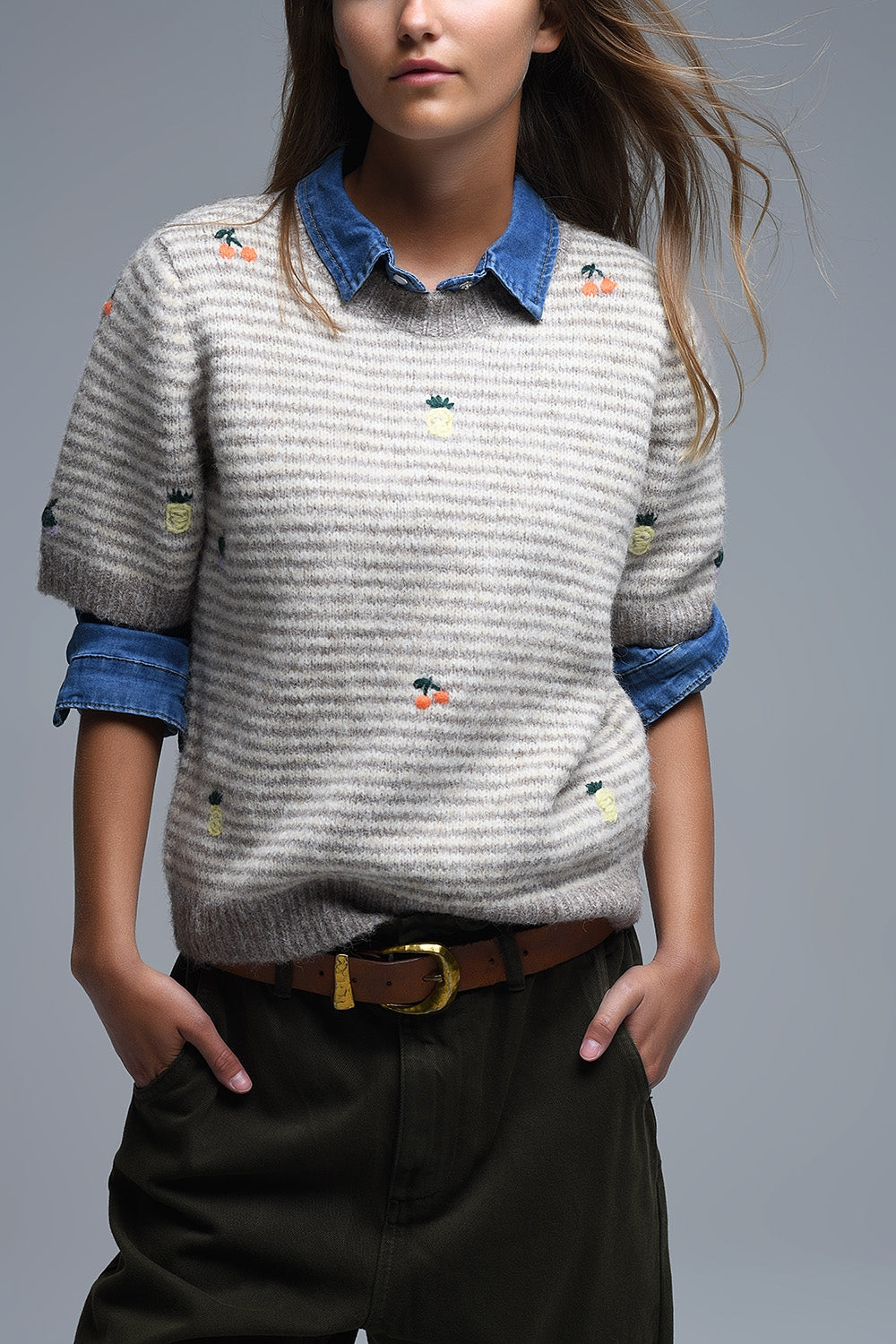 Beige Striped Short Sleeve Embroidered Sweater - Sweaters