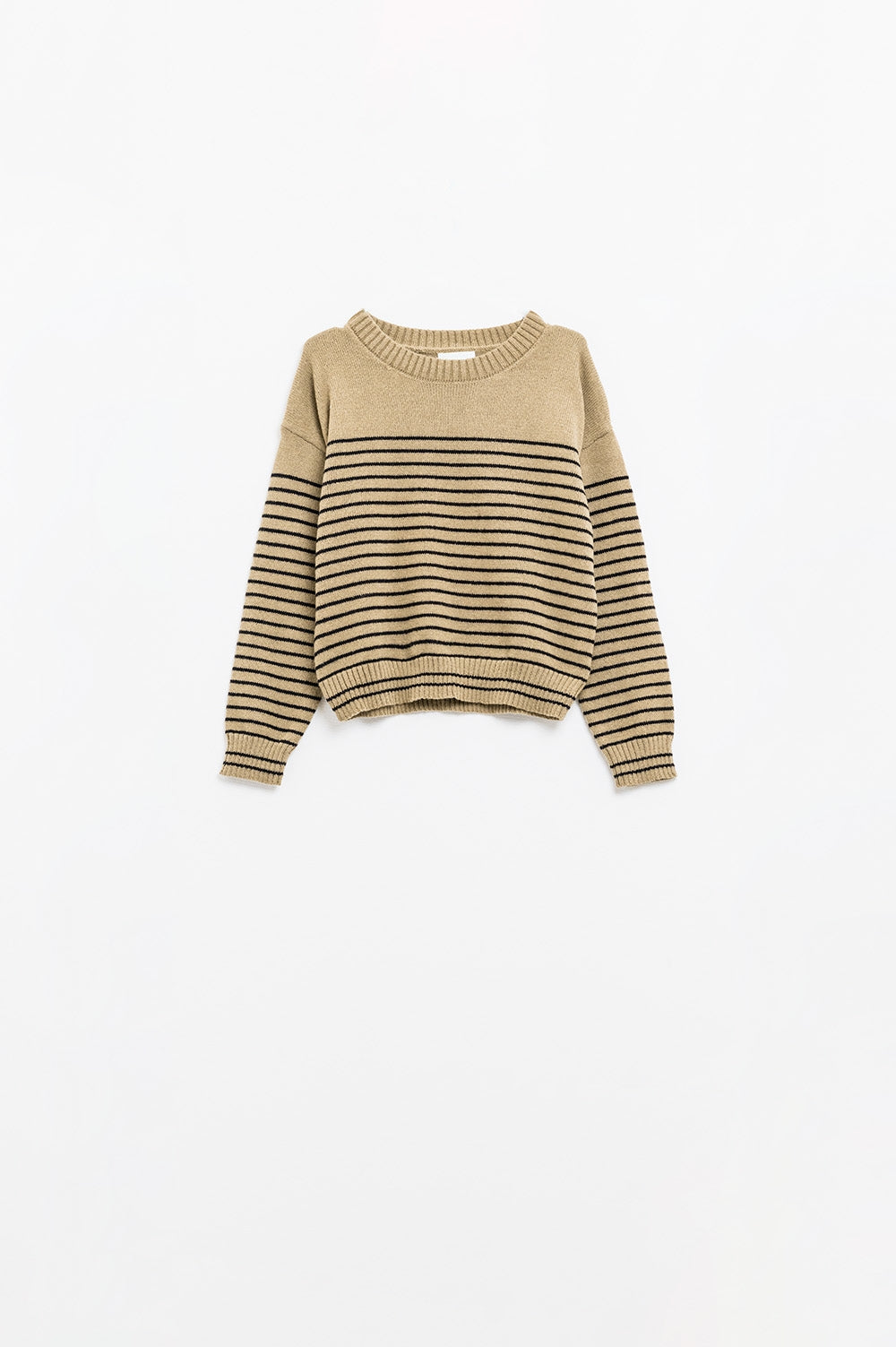 Beige sweater with black stripes and boat neck - Sweaters