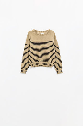 Pull beige à rayures noires et col bateau
